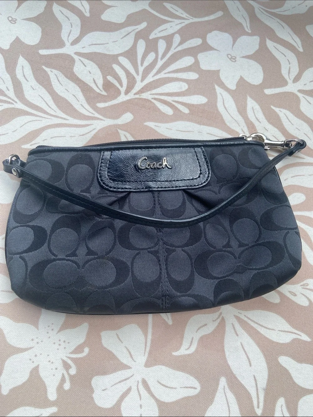 Coach Black Signature Wristlet with Leather Trim and Logo